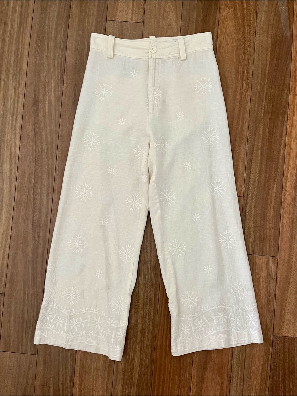 ZARA Embroidered Linen Blend Wide Leg Pants